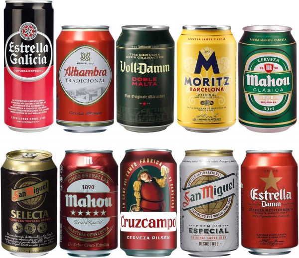 Spanisches Bier - Geschenke, 10 Dosen 330 ml, San Miguel, Cruz Campo, Estrella Galicia, Mahou – Bild 3