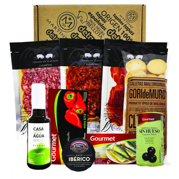 Spanische Geschenke, Serrano Schinken, Pata negra chorizo, Pata negra salami, Sardinen, Oliven, geschenkset